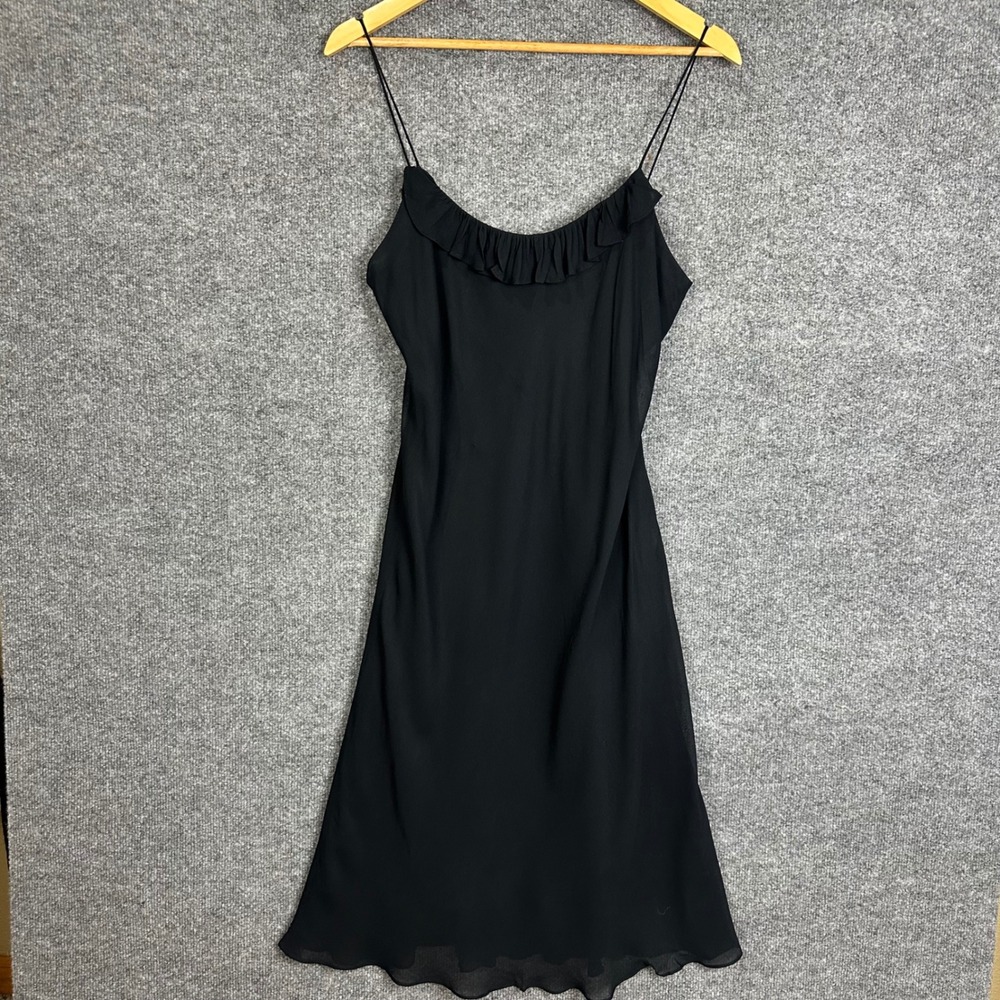 Vintage Y2K Ralph Lauren Slip Dress 12 Black Excellent Ruffle Neck Rayon Midi